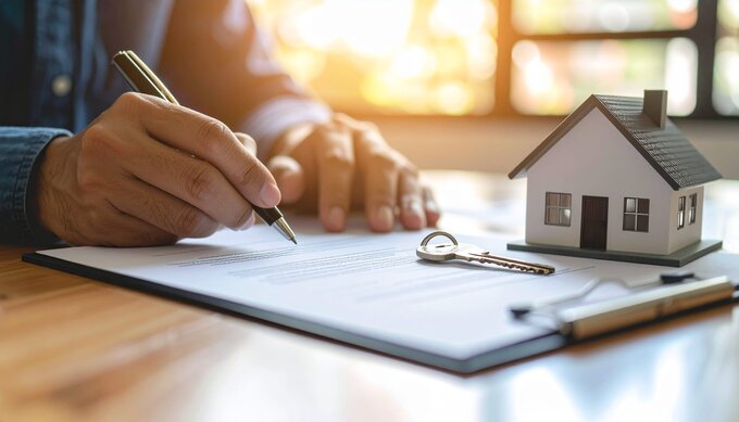 Eine Hand hält einen Stift und schreibt auf einem Dokument. Neben dem Dokument liegen ein Schlüssel und ein kleines Modell eines Hauses. Das Bild vermittelt den Eindruck von Vertragsunterzeichnung oder Immobiliengeschäften.