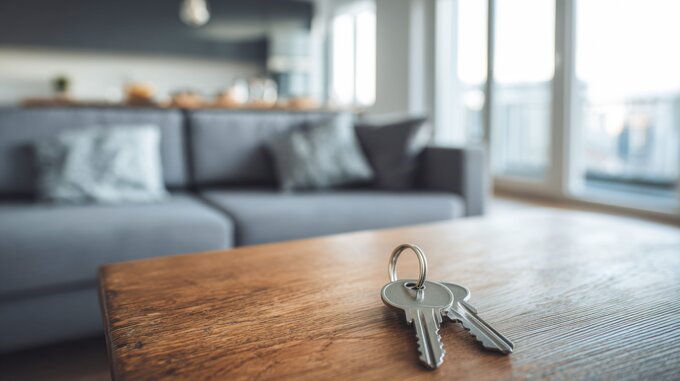 Ein Satz Schlüssel liegt auf einem Holztisch. Im Hintergrund erkennt man eine gemütliche Couch und große Fenster, die viel Tageslicht hereinlassen. Das Bild vermittelt ein Gefühl von Zuhause und Gemütlichkeit.